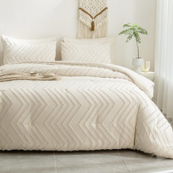 Chevron Tufted Cream Natural White Ivory King Size Bed Zigzag Comforter Set - Picture 2 of 12